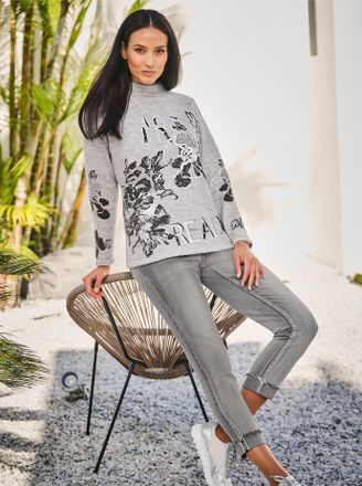 Heine Strickpullover HEINE Druck-Pullover, Damen, Gr. 36, grau (hellgrau, bedruckt), 69% Polyester, 27% Polyacryl, 4% Elasthan, bedruckt, gebl&uuml;mt, gemustert