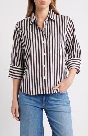 Madewell Easy Y-Neck Poplin Button-Up Shirt in Purple Black And White Stripe at Nordstrom Rack, Size X-Large