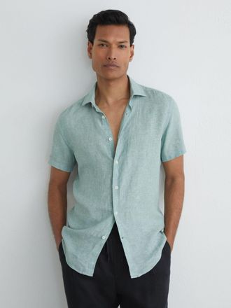 Reiss Sage Melange Linen Short-sleeve Shirt, Xxl