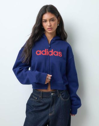 adidas Originals felpa con cappuccio con zip integrale e logo r&eacute;tro in blu navy