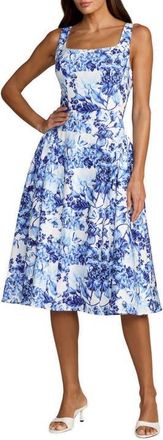Mac Duggal Crepe Floral Square Neck Sleeveless Midi Dress in Blue Multi at Nordstrom, Size 14