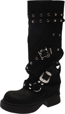 Generic Rivet Black High Trouser Boots Women Round Head Niche Design Thick Bottom Boots Knight Boots(US8)