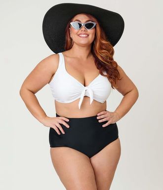 Unique Vintage Plus Size High Waist Louise Bikini Bottom in Black Solid at Nordstrom, Size 3X