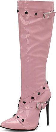 Generic Womens Patent Leather Knee High Boots with Rivet Pointed Toe Long Boots with Side Zipper Stiletto High Heel Party Prom Shoes,Pink,8.5 UK