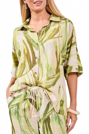 Tribal Flowy Linen Dolman Elbow Sleeve Blouse In Mint Leaf
