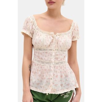 BDG Faye Ditsy Floral Lace Trim Peplum Top in Pink Floral at Nordstrom, Size X-Small