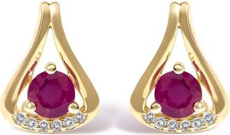 House of Brilliance 14K Yellow Gold Red Ruby and Diamond Accent Teardrop Stud Earrings