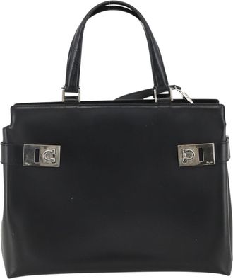 Ferragamo Double Gancini Side Buckle Tote Leather Black Leather Handbag (Pre-Owned)