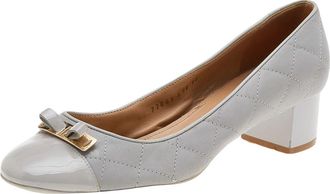 Ferragamo Grey Patent Leather And Quilted Leather Block Heel Pumps