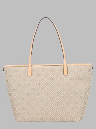 Tory Burch Womens Tote Bag T Monogram Beige Cotton Polyester Handbags Hand