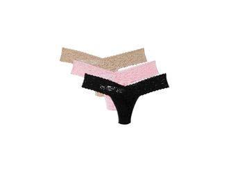 Hanky Panky Signature Lace Original Rise Thong 3-Pack Womens Underwear Black/Chai/Bliss, Cotton/Lace/Nylon