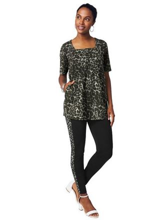 Jessica London Everyday Stretch Cotton Legging in Black Painterly Cheetah at Nordstrom, Size 32