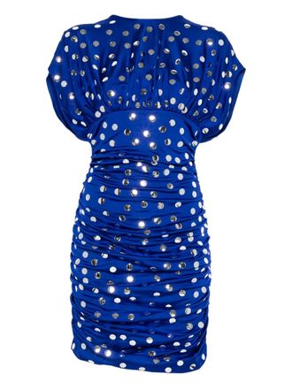 DAVID KOMA ruched embellished miid dress - women - Viscose/Aluminium - 10 - Blue