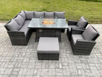 Fimous 9 Seater Outdoor Rattan Garden Furniture Set Corner Sofa Gas Fire Pit Dining Table Sets with Big Footstool 2 Armchair Dark Grey Mixed