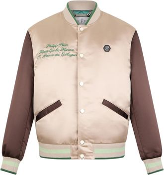 Philipp Plein Shiny Satin College Bomber Signature Monte Carlo - Heren - Bomber jackets - Beige - L - Denim - Jassen