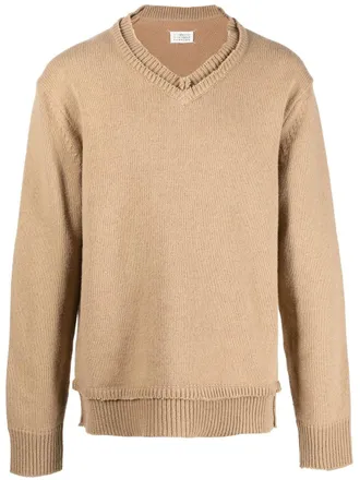 Maison Margiela V-neck elbow-patch jumper - unisex - Cotton/Linen/Flax/Wool - S - Neutrals