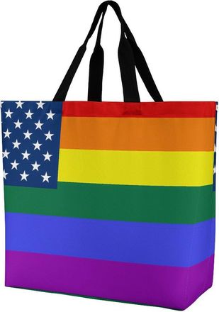 Generic Rainbow LGBTQ Flag Reusable Shopping Bags One Shoulder Grocery Tote Bag Waterproof Big Purse for Work Travel
