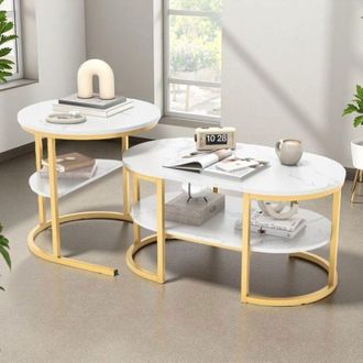 OEM Mesa Baja - Mesa Nido Redonda D&uacute;o - Imitaci&oacute;n M&aacute;rmol Blanco - Estructura De Metal Dorado - Apilable Dise&ntilde;o Minimalista