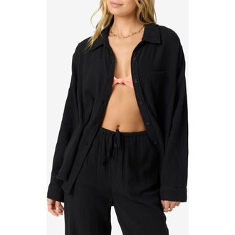 O'Neill Leni Oversize Cotton Gauze Button-Up Shirt in Black at Nordstrom, Size Medium