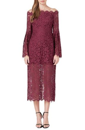 endless rose Off the Shoulder Long Sleeve Lace Maxi Dress in Burgundy at Nordstrom, Size Small