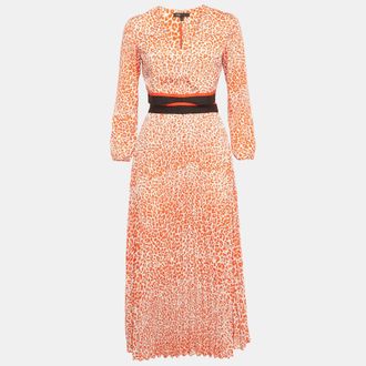 Maje Orange Printed Crepe Cut Out Detail Midi Dress