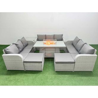 Fimous Pe Rattan Lounge Sofa Set 11 Seater Outdoor Garden Furniture Set with Firepit Dining Table 3 Seater Sofa 2 Big Footstools 2 Side Table Light Grey