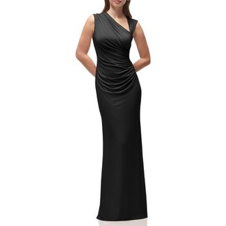 After Six Ruched Asymmetric Neck Satin Gown in Black at Nordstrom, Size Xx-Large