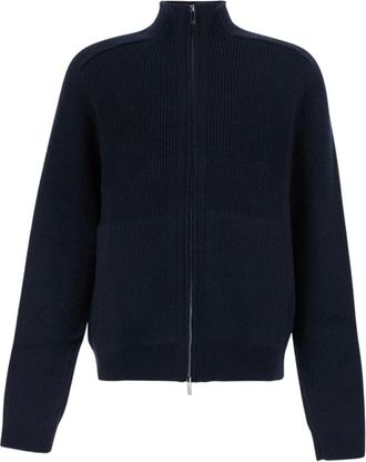Emporio Armani Cardigan con zip e collo alto in lana vergine a coste - - Knitwear - Uomo - Blu - 2XL