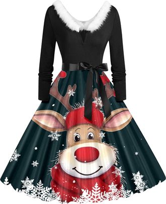 Generic Xmas Dresses, Plus Size Dress Womens Dresses for Special Occasions Ladies Elf Costume Summer for Women Christmas Fancy Dress Costumes Women Long Sleev