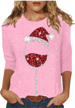 Generic Christmas Jumpers for Women UK 3/4 Sleeve Xmas Tree Printed Sweatshirt Casual Crewneck Pullover Loose Christmas Blouse Tunic T Shirt Ladies Xmas Sweat