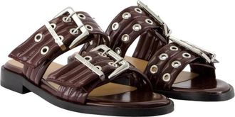 Ganni Schoenen, Dames, Bruin, 38 EU, Polyester, Sandalen met Twee Banden en Gesp