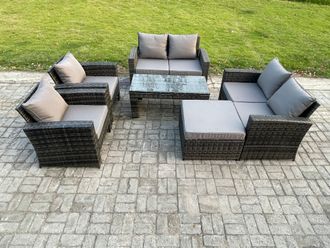 Fimous 7 Seater Dark Grey Mixed High Back Rattan Sofa Set Coffee Table Garden Furniture Outdoor Patio With Love Sofa Arm Chairs