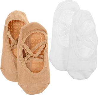 Cabilock 2 Pairs Non-slip Cotton Yoga Socks for Women with Silicone Grips and Straps Breathable Pilates Grip Socks for Dance Fitness Home Workout Suitable for 