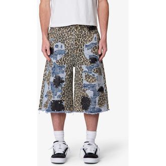 mnml Ultra Baggy Cheetah Boro Denim Shorts in Khaki Multi at Nordstrom, Size 38