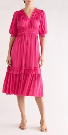 T Tahari Short Sleeve Tiered Fit & Flare Dress in Tulip Pink at Nordstrom Rack, Size X-Small
