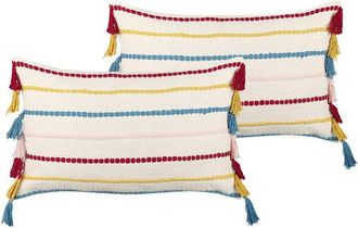 Beliani Set of 2 Decorative Cushions AGAVE Cotton 40 x 60 cm Light Beige Striped