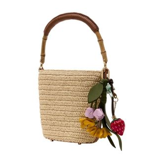 Self Portrait Charm-Adorned Raffia Bucket Bag - Beige