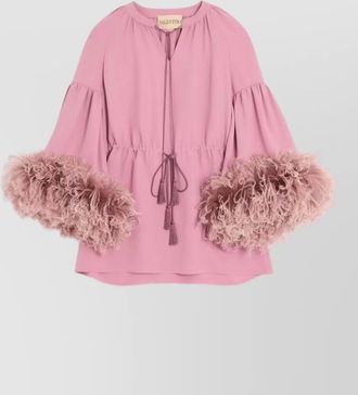 Valentino silk v-neck feather-cuff blouse