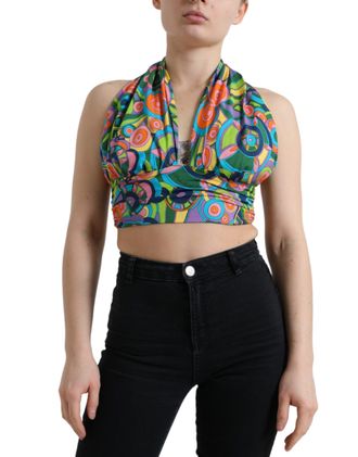 Dolce & Gabbana Womens Halter Neck Crop Top Abstract Print - Teal Silk - Size EU 40 (Womens)
