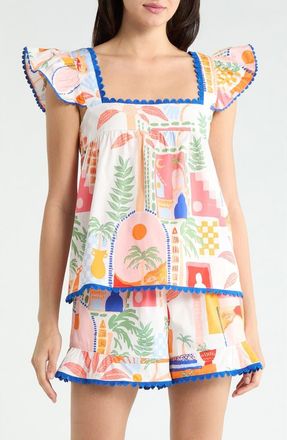 Sugarlips Petrolia Town Ada Embroidered Scalloped Trim Flutter Sleeve Cotton Top in Orange Pink Wihte at Nordstrom, Size X-Large