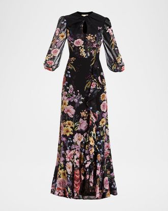 Mestiza New York Ophelia Draped Floral-Print Chiffon Gown