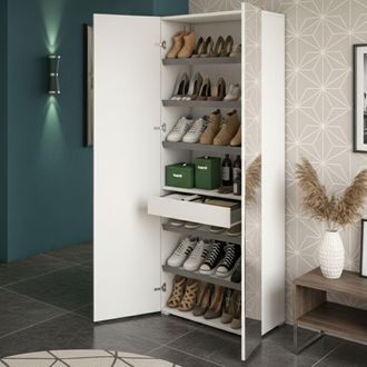 Dmora Zapatero Dminiat, Mueble Recibidor Multiusos Con Puerta De Espejo, Zapatero Moderno Con 6 Baldas, 100% Made In Italy, 72x37h195 Cm, Blanco - Dmora