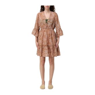 MC2 Saint Barth Kleedjes, Dames, Bruin, M, Katoen, Paisley Print Ruffle Sleeve Jurk