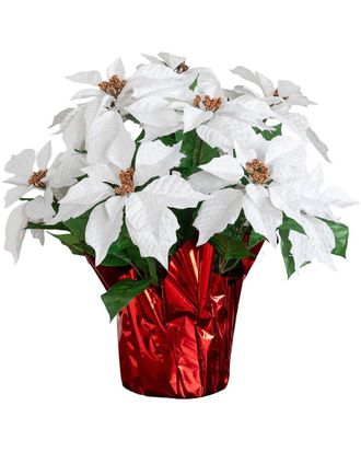 Nearly Natural 19In Artificial Lush White Poinsettia Arrangement In Red Wrapped Planter