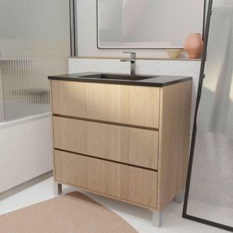 Aurlane Aurlane - Mobile bagno da 80 cm 3 Casseti Rovere Chiaro + Lavabo Ceramica Nera - xenos