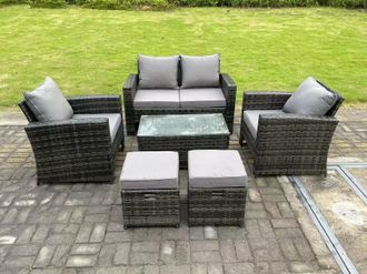 Fimous 6 Seater Dark Grey Mixed High Back Rattan Sofa Set Rectangular Coffee Table Garden Furniture Outdoor 2 Stools