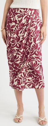 Nordstrom Linen Blend Wrap Midi Skirt in Beige- Burgundy Fira Bloom at Nordstrom, Size Xx-Large