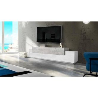 Dmora Mobile da soggiorno Porta tv, Made in Italy, Supporto per tv da salotto a 3 ante e ripiani, cm 240x45h52, colore Bianco lucido e Cemento, con imballo