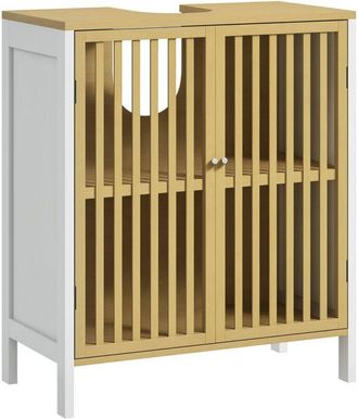 HOMCOM Mueble Para Debajo Del Lavabo Armario De Ba&ntilde;o Bajo Lavabo De Bamb&uacute; Con Puerta Doble Y Estante Ajustable Carga 30 Kg 60x30x70 Cm Natural Y Blanco