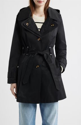 London Fog Double Breasted Hooded Trench Coat in Black at Nordstrom, Size X-Large